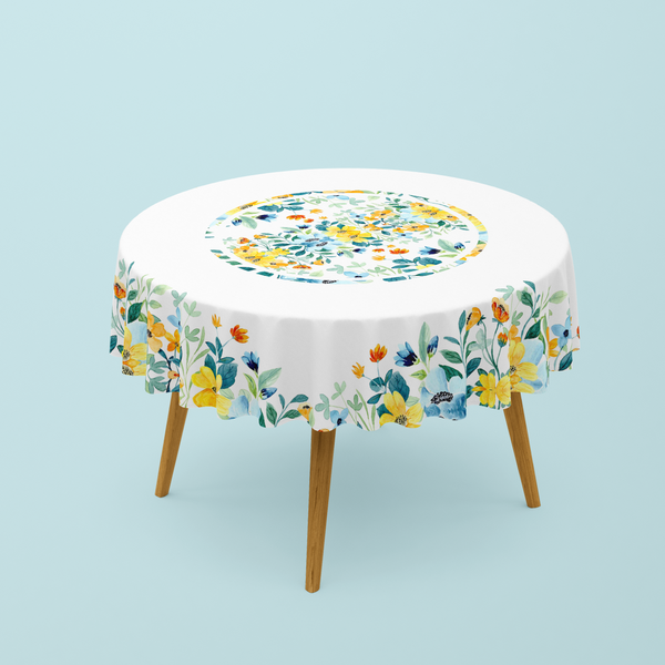 Nappe de table Ronde Imprimée tropical bleu et jaune- 150 cm