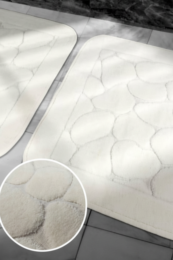 Lot De 2 Tapis De Bain Coton Blanc Cassé - 60x100 Et 50x60 cm