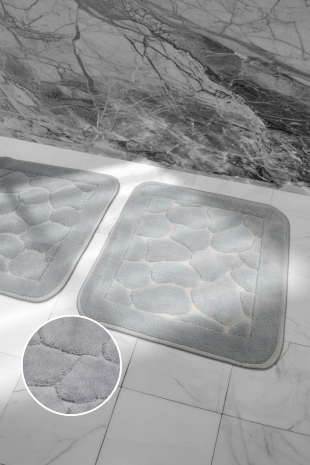 Lot De 2 Tapis De Bain Coton Gris - 60x100 Et 50x60 cm