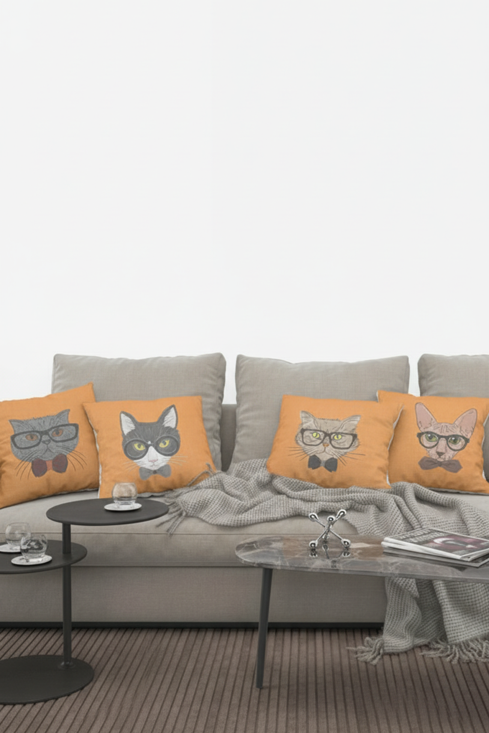 Lot De 4 Housses De Coussin Chat Orange - 40x40 cm
