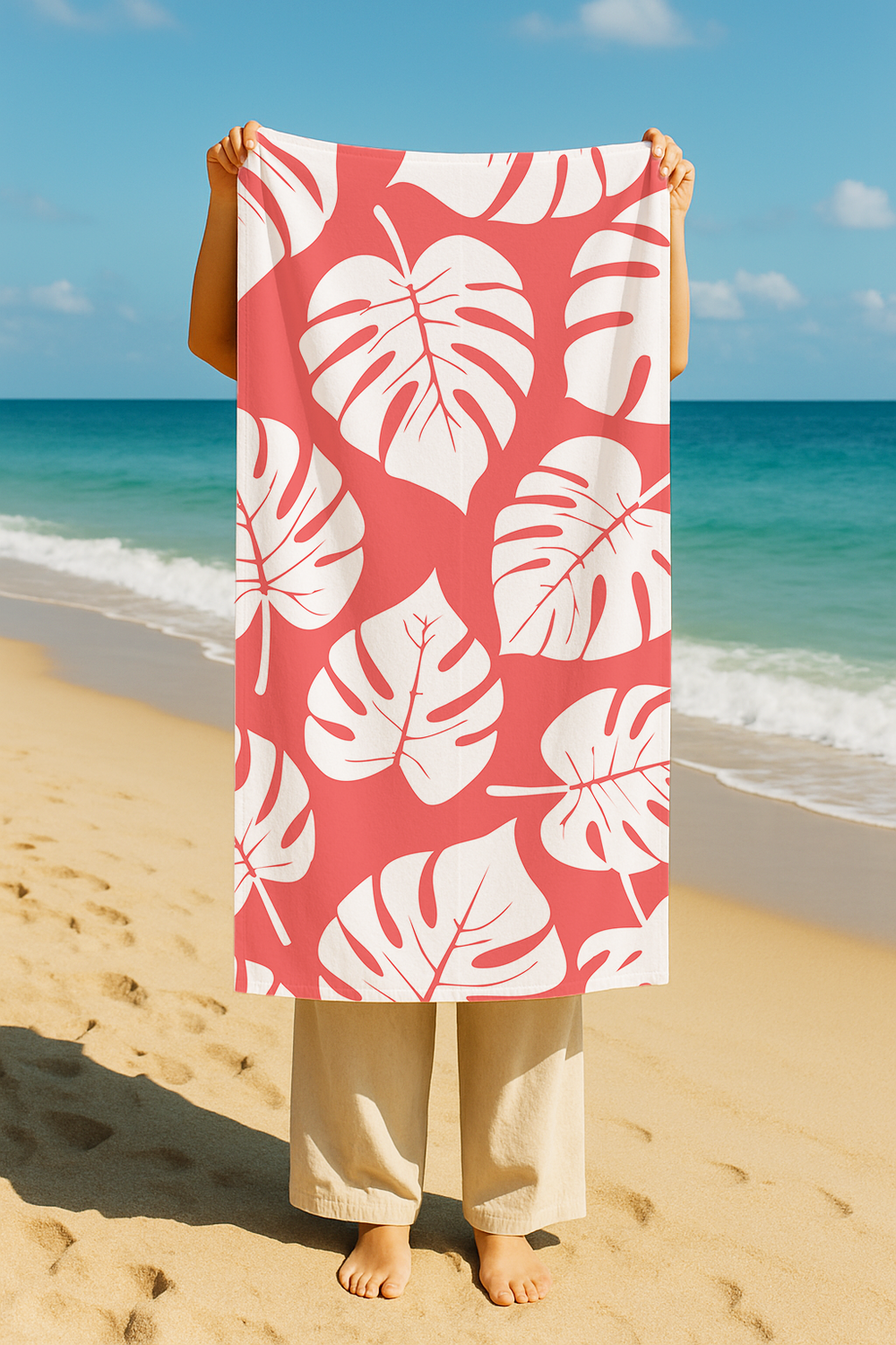 Serviette De Bain Imprimée Feuille Pêche - 70x150 cm