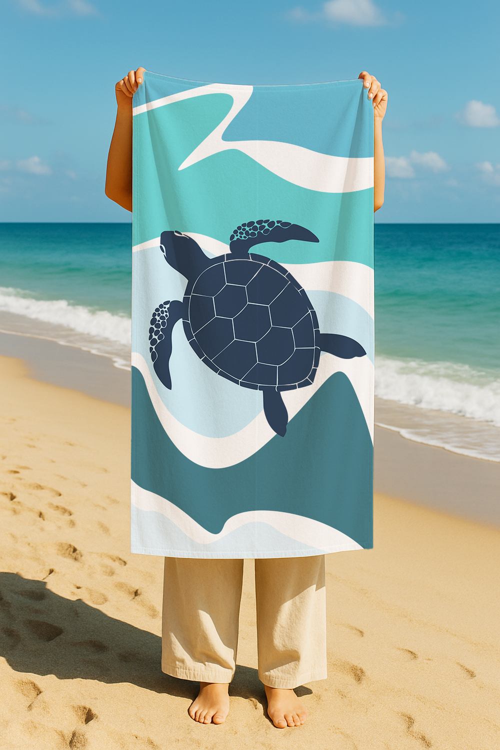 Serviette De Bain Imprimée Tortue Bleue - 70x150 cm