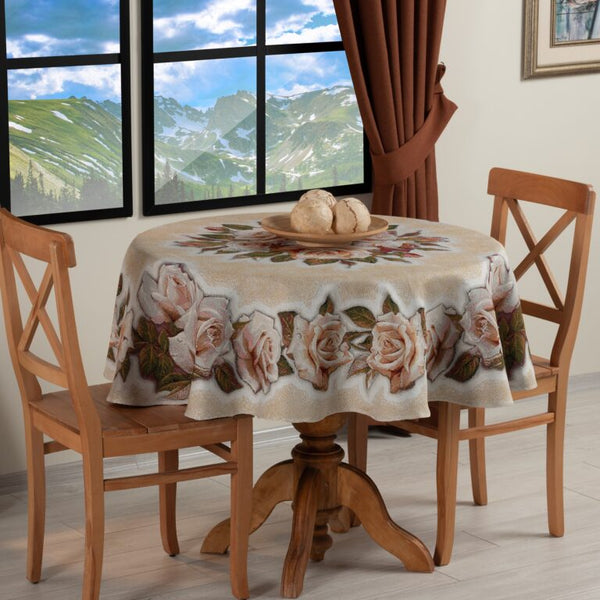 Nappe Ronde Imprimée Beige - 160 cm