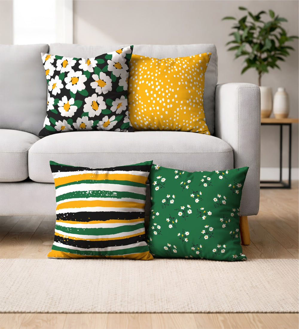 Lot De 4 Housses De Coussin Imprimées Exotique vert et jaune - 40x40 cm - Tropik Home