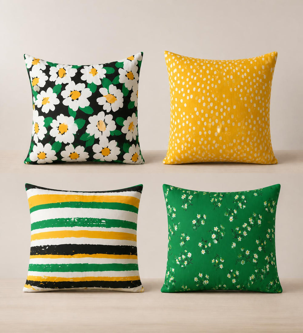 Lot De 4 Housses De Coussin Imprimées Exotique vert et jaune - 40x40 cm - Tropik Home