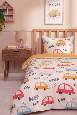 Sevimli Arabalar Ensemble de Housse de Couette pour Enfant en Coton