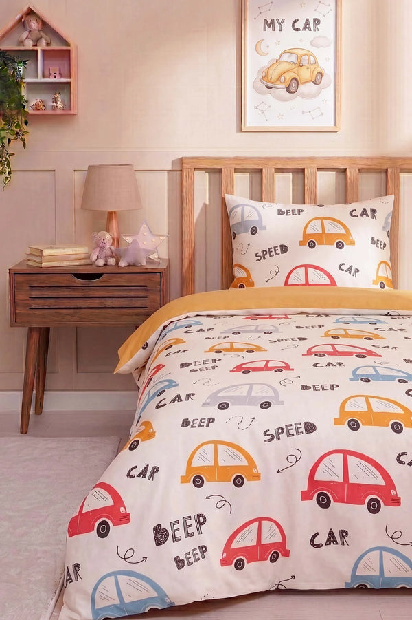 Sevimli Arabalar Ensemble de Housse de Couette pour Enfant en Coton