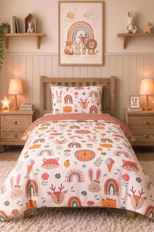 Gökkuşağı & Hayvanlar Ensemble de Housse de Couette pour Enfant en Coton