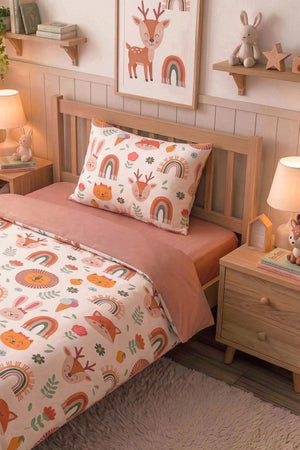 Gökkuşağı & Hayvanlar Ensemble de Housse de Couette pour Enfant en Coton