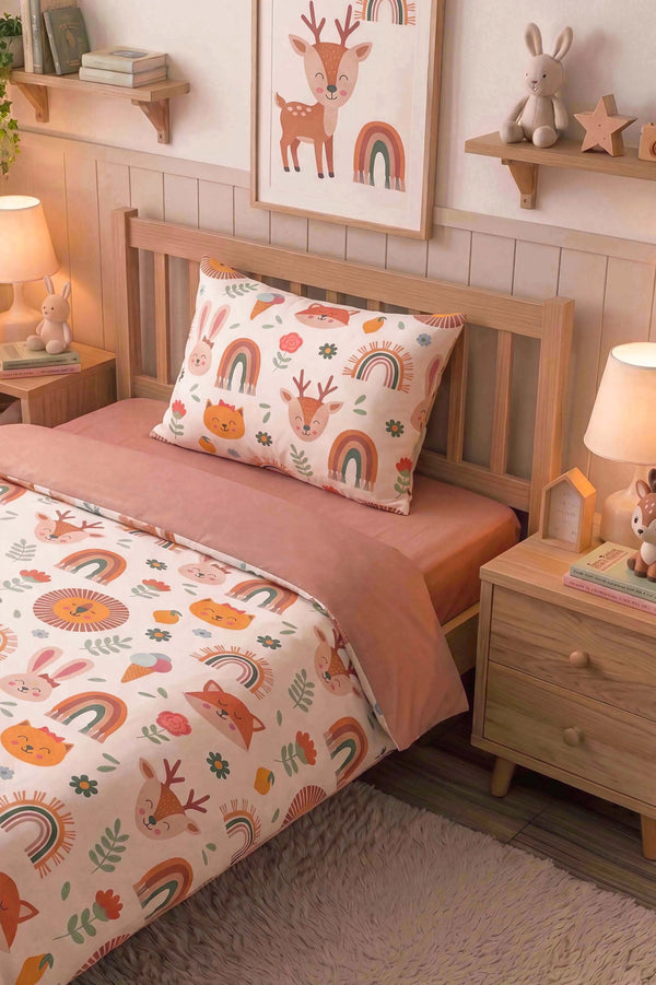 Gökkuşağı & Hayvanlar Ensemble de Housse de Couette pour Enfant en Coton
