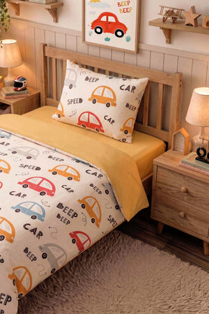Sevimli Arabalar Ensemble de Housse de Couette pour Enfant en Coton