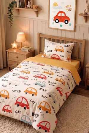 Sevimli Arabalar Ensemble de Housse de Couette pour Enfant en Coton