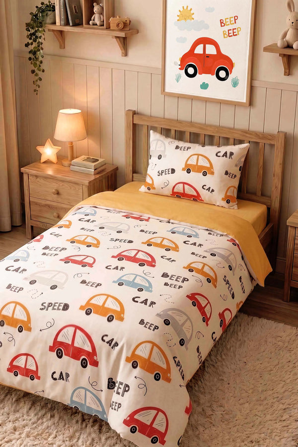 Sevimli Arabalar Ensemble de Housse de Couette pour Enfant en Coton