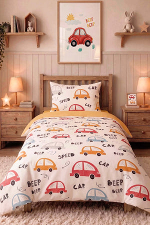 Sevimli Arabalar Ensemble de Housse de Couette pour Enfant en Coton