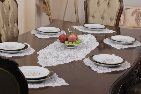 Valonia Ensemble 7 Pièces Brodé Blanc (6 Sous-Plats + Chemin)