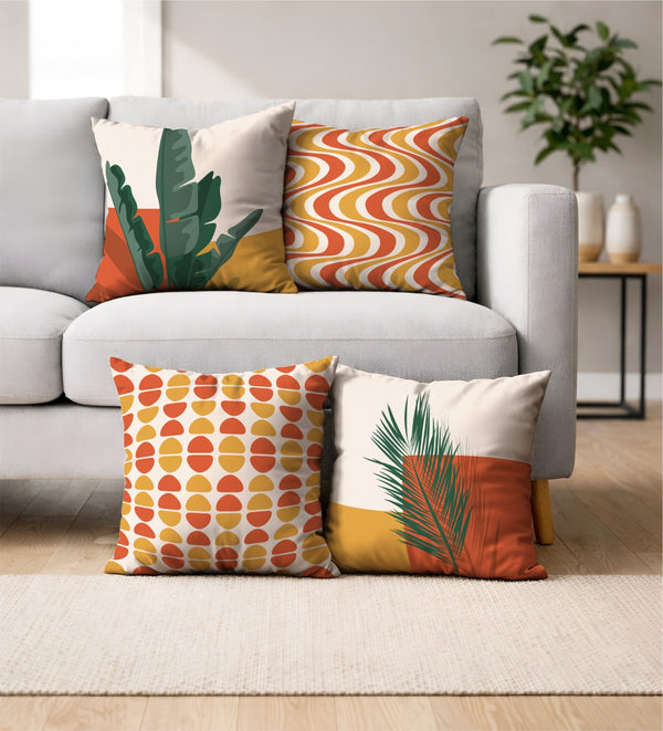Lot De 4 Housses De Coussin Imprimées Palmier vert et orange - 40x40cm