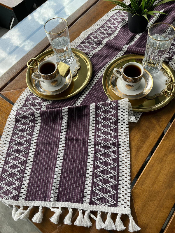 Chemin De Table Tricoté Coton Mauve - 35x145 cm
